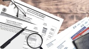 Stack of completed Form I-9 employment eligibility verification documents on an office desk